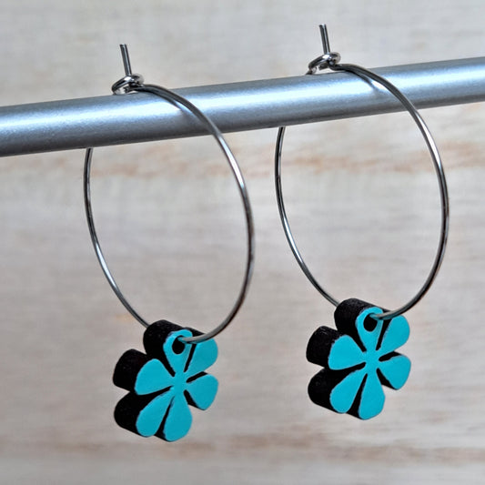 Wooden Daisy Flower Hoop Earrings - Turquoise