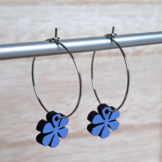 Wooden Daisy Flower Hoop Earrings - Cornflower Blue