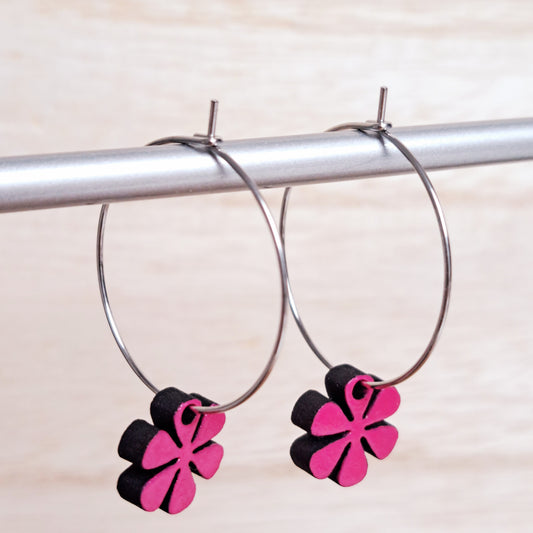 Wooden Daisy Flower Hoop Earrings - Fuchsia Pink