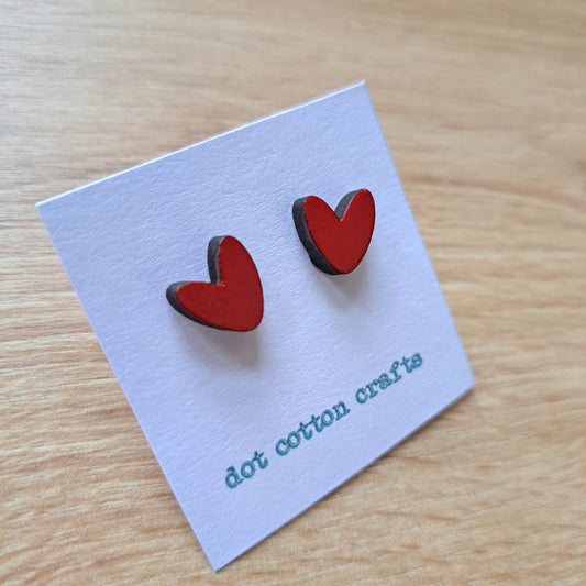 Wooden Heart Stud Earrings - Red
