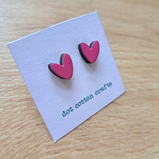 Wooden Heart Stud Earrings - Fuchsia Pink